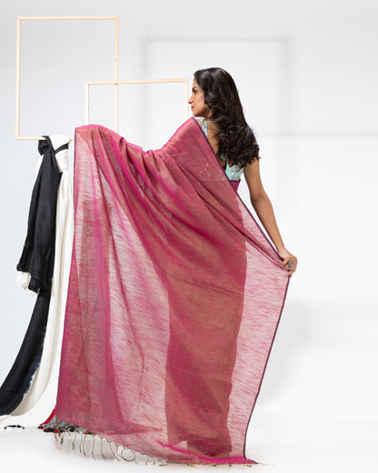 Women's Pink Hand Woven Cotton Blend Tissue Saree