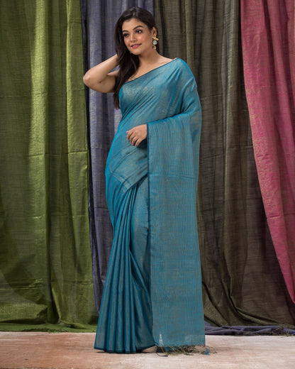 Women's Sky Blue Hand Woven Cotton Blend Tissue Saree