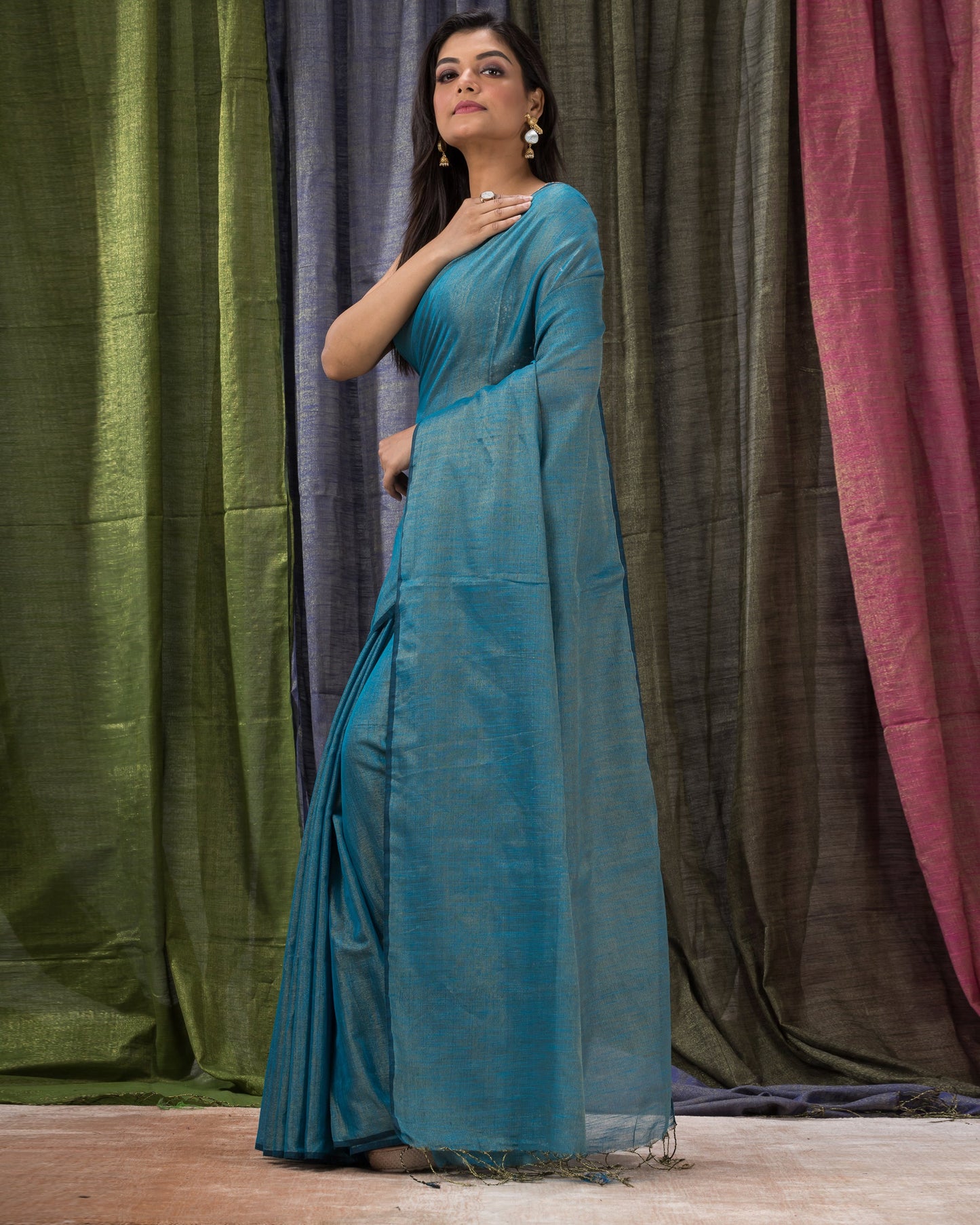 Women's Sky Blue Hand Woven Cotton Blend Tissue Saree