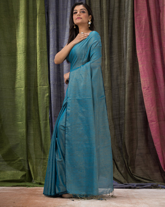 Women's Sky Blue Hand Woven Cotton Blend Tissue Saree