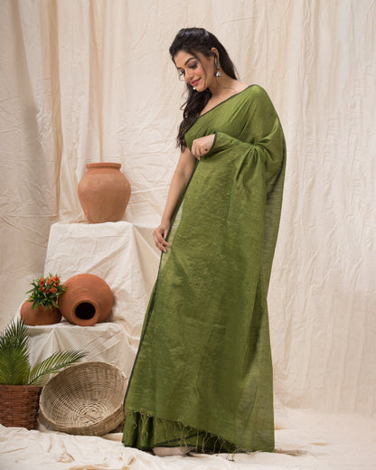Women's Olive Green Hand Woven Cotton Blend Tissue Saree