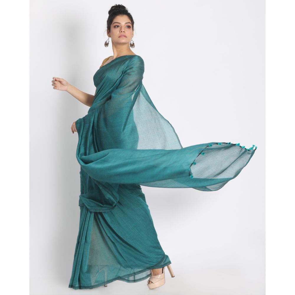 Women's Handspun Cotton Teal Handloom Saree