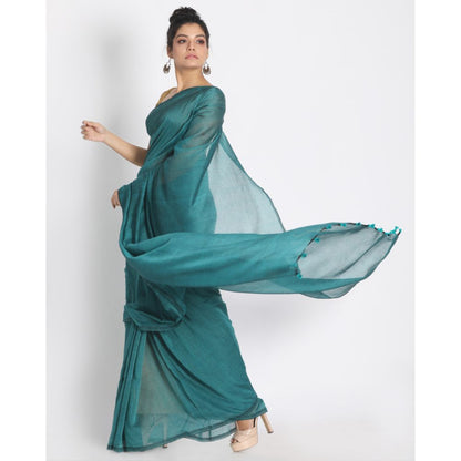Women's Handspun Cotton Teal Handloom Saree
