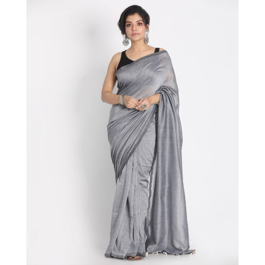 Women's Handspun Cotton Silver Grey Handloom Saree