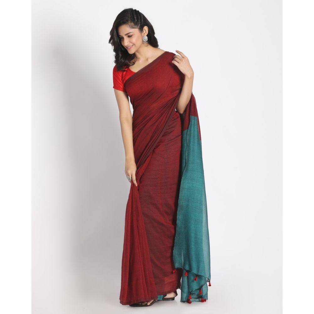 Women's Handspun Cotton Red Handloom Saree