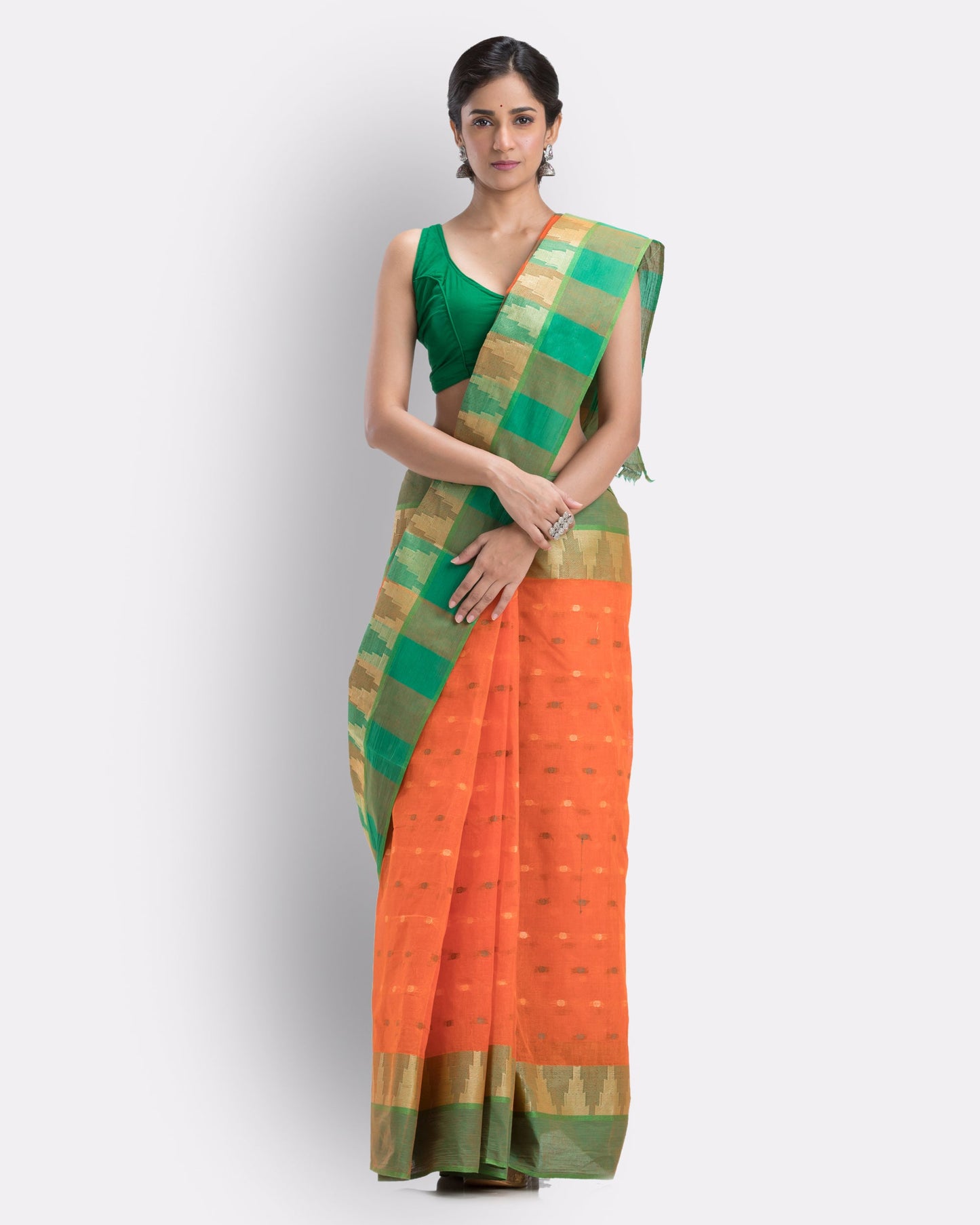 Women's Cotton Orange Handloom Tant Saree