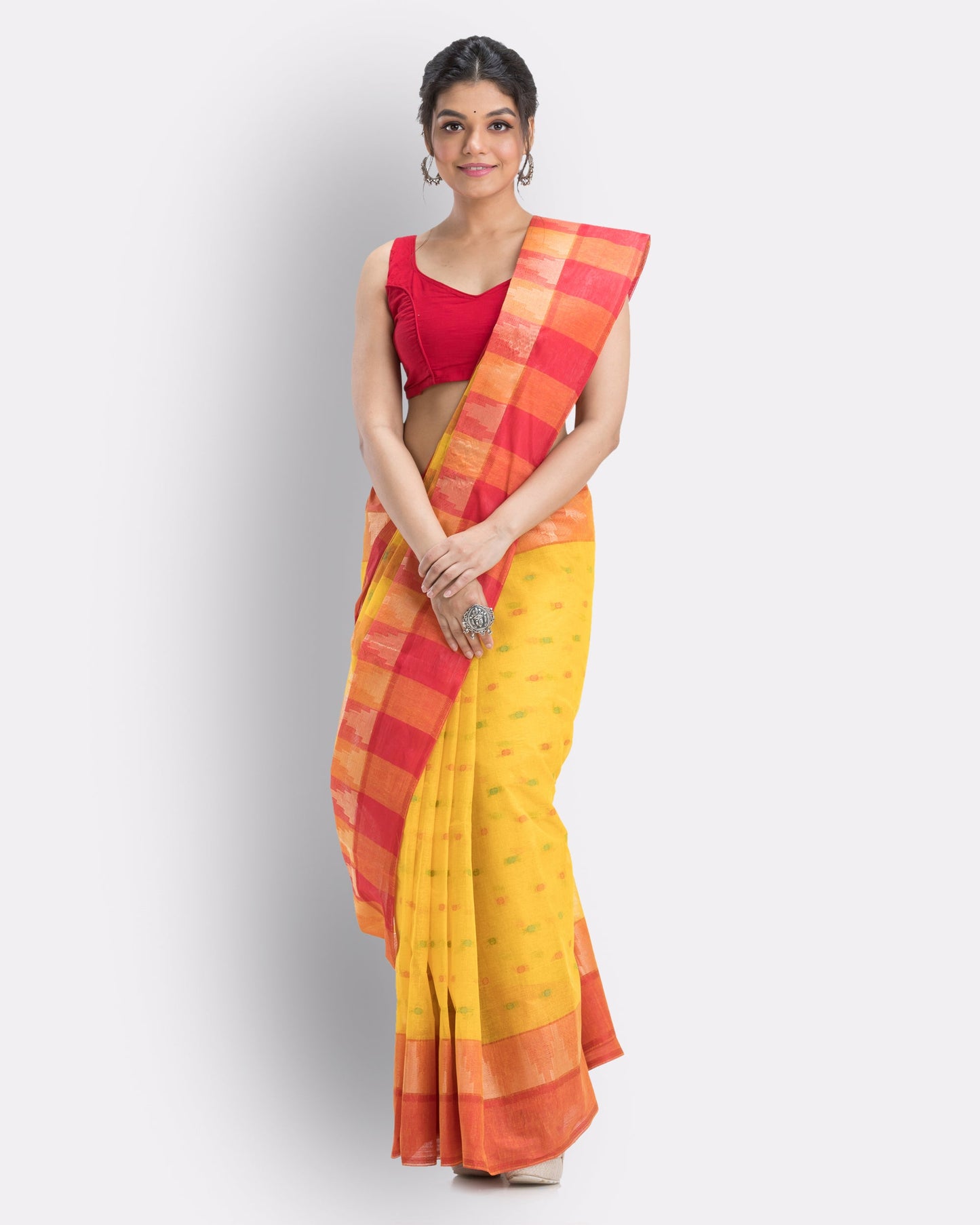 Women's Cotton Yellow Handloom Tant Saree