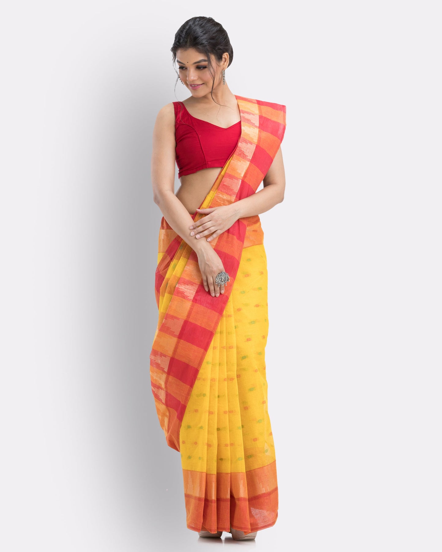 Women's Cotton Yellow Handloom Tant Saree