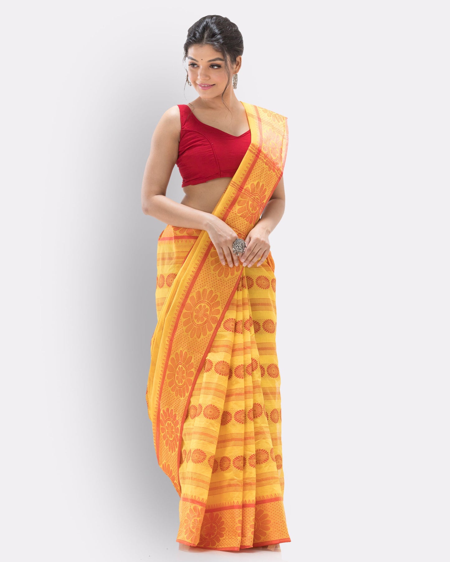 Women's Cotton Yellow Handloom Tant Saree