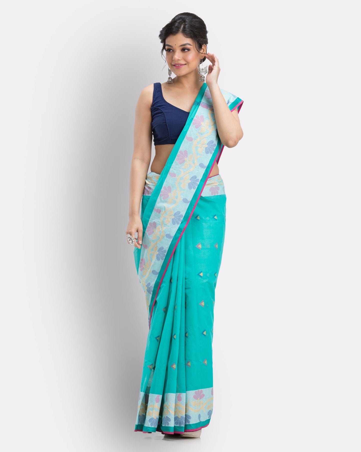 Women's Cotton Sky Blue Handloom Tant Saree