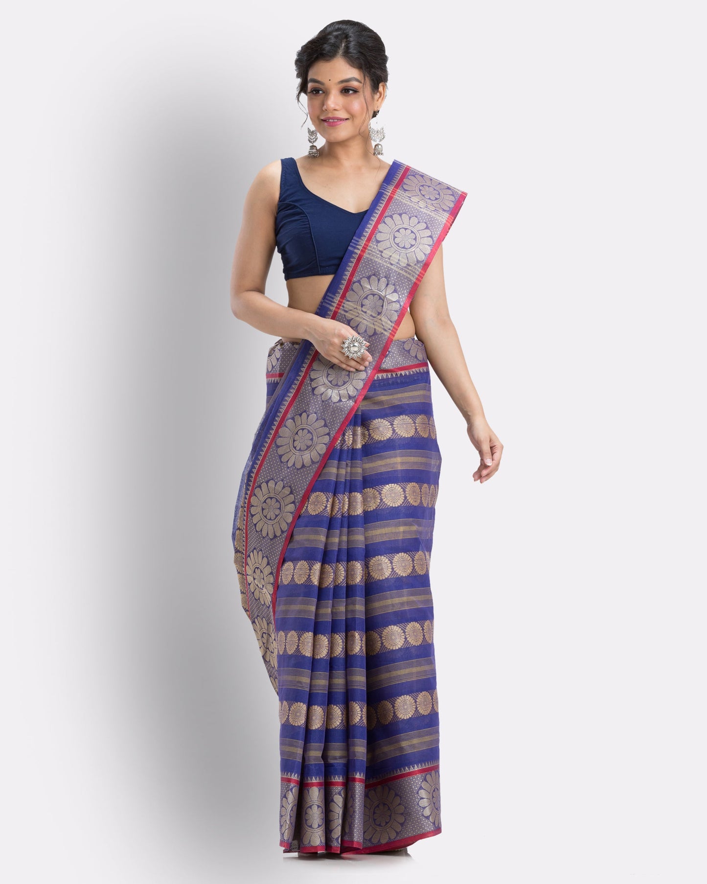 Women's Cotton Navy Blue Handloom Tant Saree