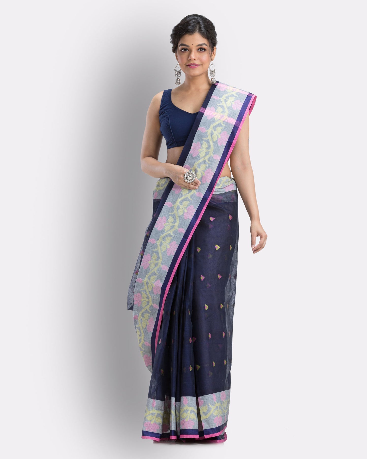 Women's Cotton Navy blue Handloom Tant Saree