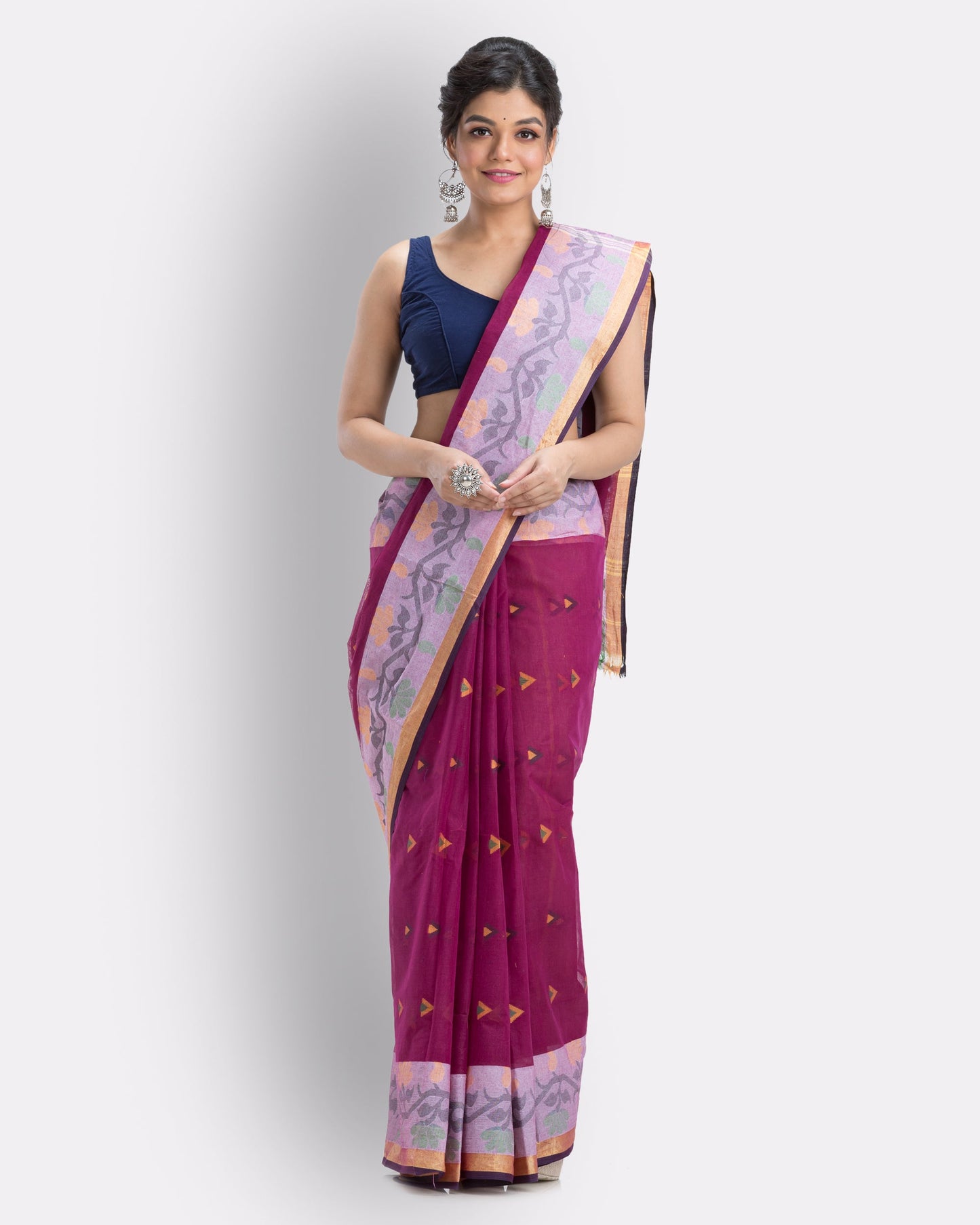 Women's Cotton Magenta Handloom Tant Saree