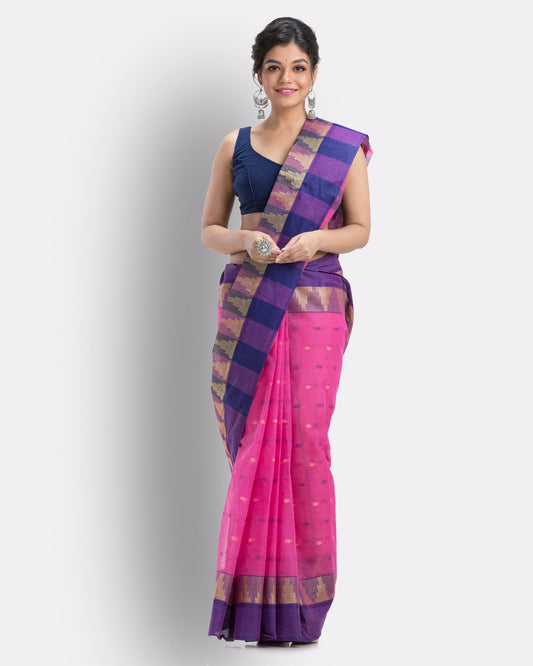 Women's Cotton Pink Handloom Tant Saree
