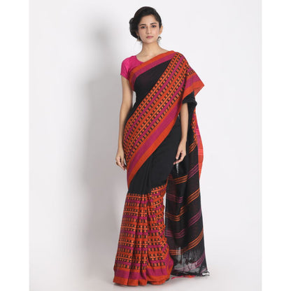 Women's Handspun Cotton Black Handloom Begampuri Saree