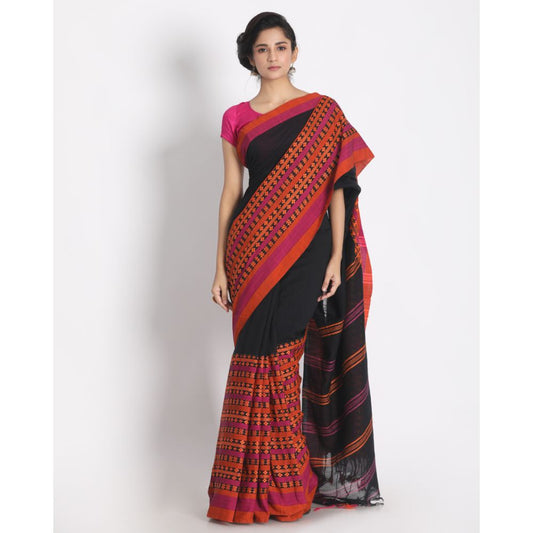Women's Handspun Cotton Black Handloom Begampuri Saree