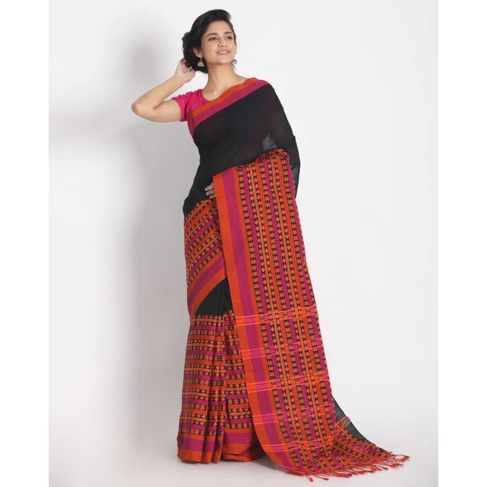 Women's Handspun Cotton Black Handloom Begampuri Saree