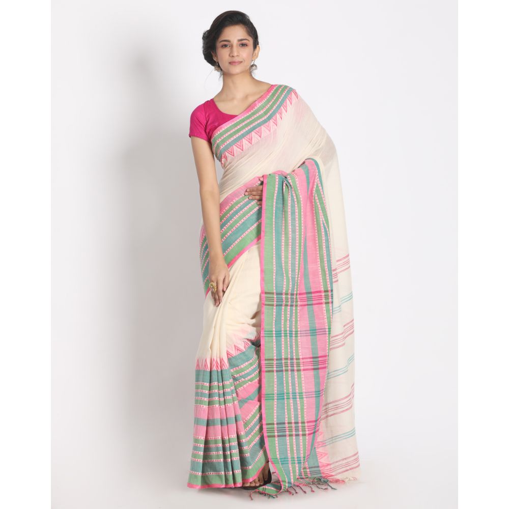 Women's Handspun Cotton White Handloom Begampuri Saree