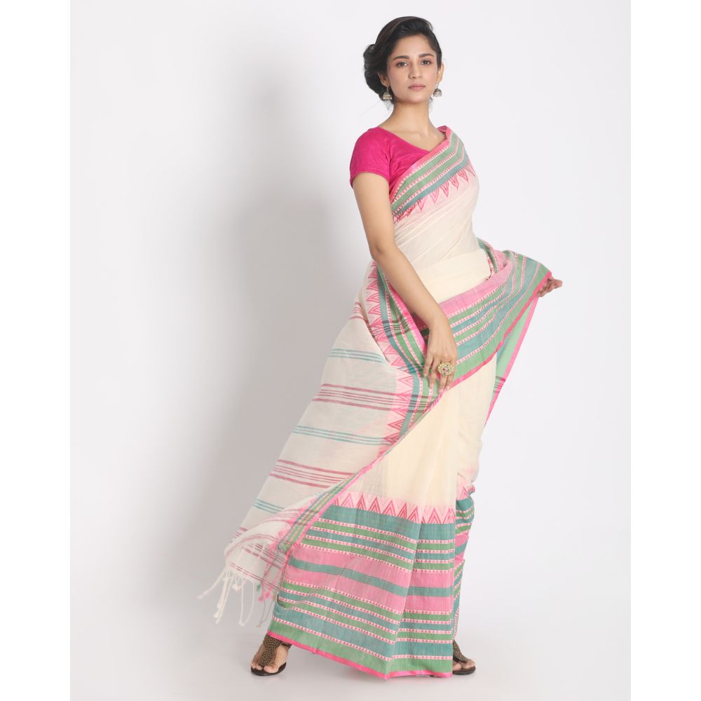 Women's Handspun Cotton White Handloom Begampuri Saree