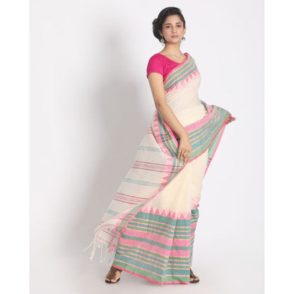 Women's Handspun Cotton White Handloom Begampuri Saree