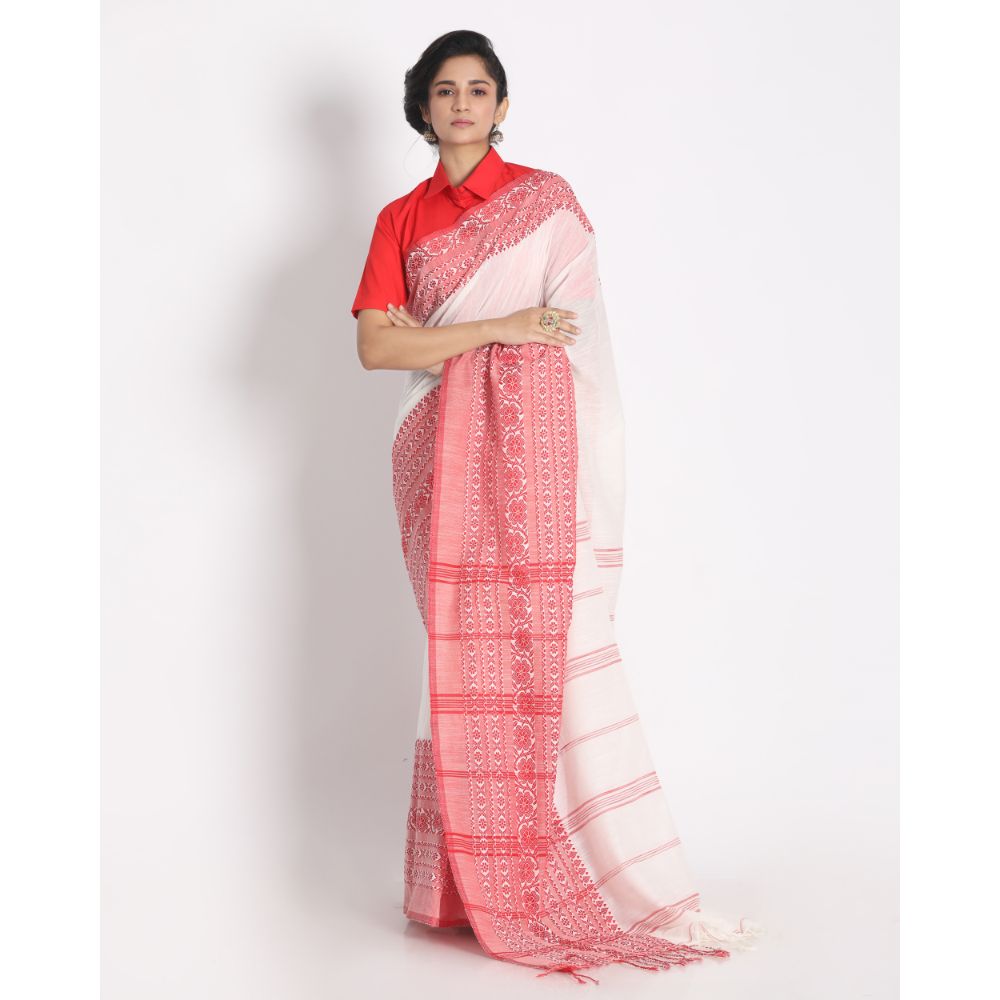 Women's Handspun Cotton White Handloom Begampuri Saree
