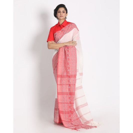 Women's Handspun Cotton White Handloom Begampuri Saree
