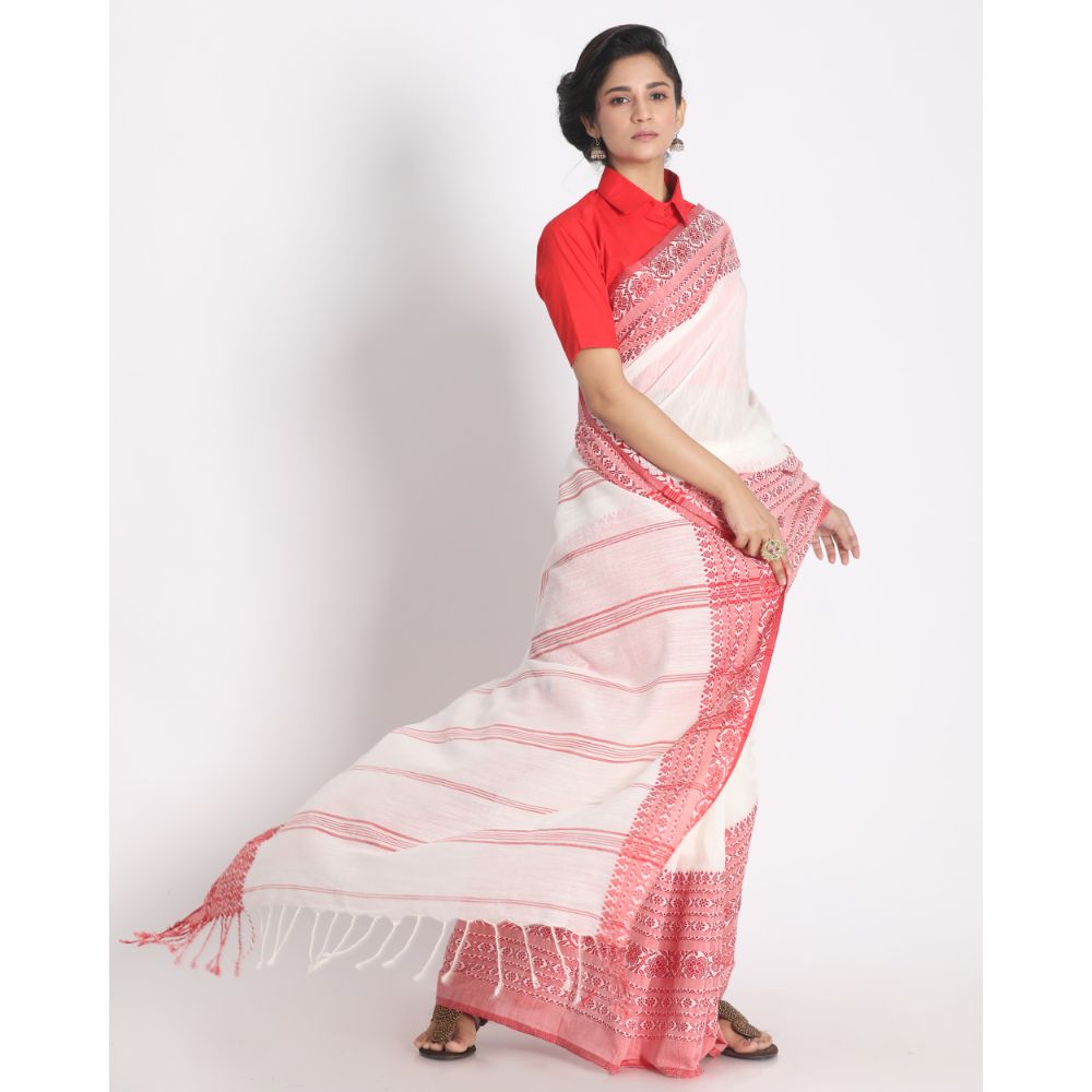 Women's Handspun Cotton White Handloom Begampuri Saree