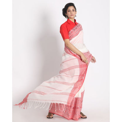 Women's Handspun Cotton White Handloom Begampuri Saree