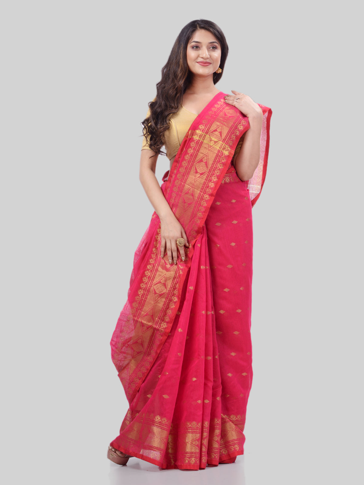 Women's Bengal Cotton Silk Handloom Saree Kohinoor Work With Blouse Piece