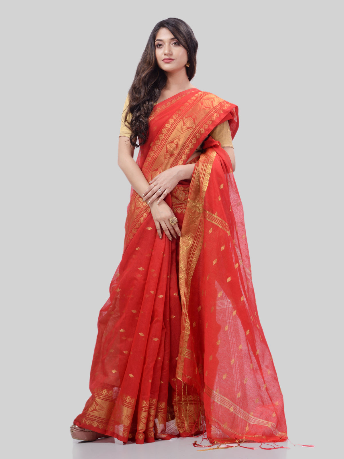 Women's Bengal Cotton Silk Handloom Saree Kohinoor Work With Blouse Piece