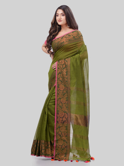 Women's Cotton Handloom Cotton Silk Saree Gulab Work With Blouse Piece
