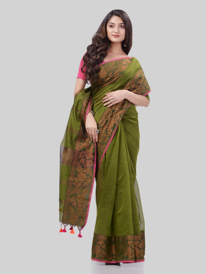 Women's Cotton Handloom Cotton Silk Saree Gulab Work With Blouse Piece