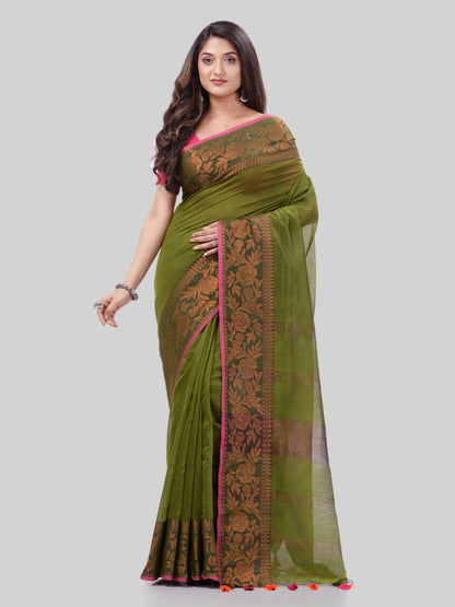 Women's Cotton Handloom Cotton Silk Saree Gulab Work With Blouse Piece