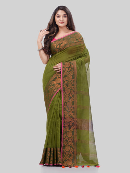 Women's Cotton Handloom Cotton Silk Saree Gulab Work With Blouse Piece