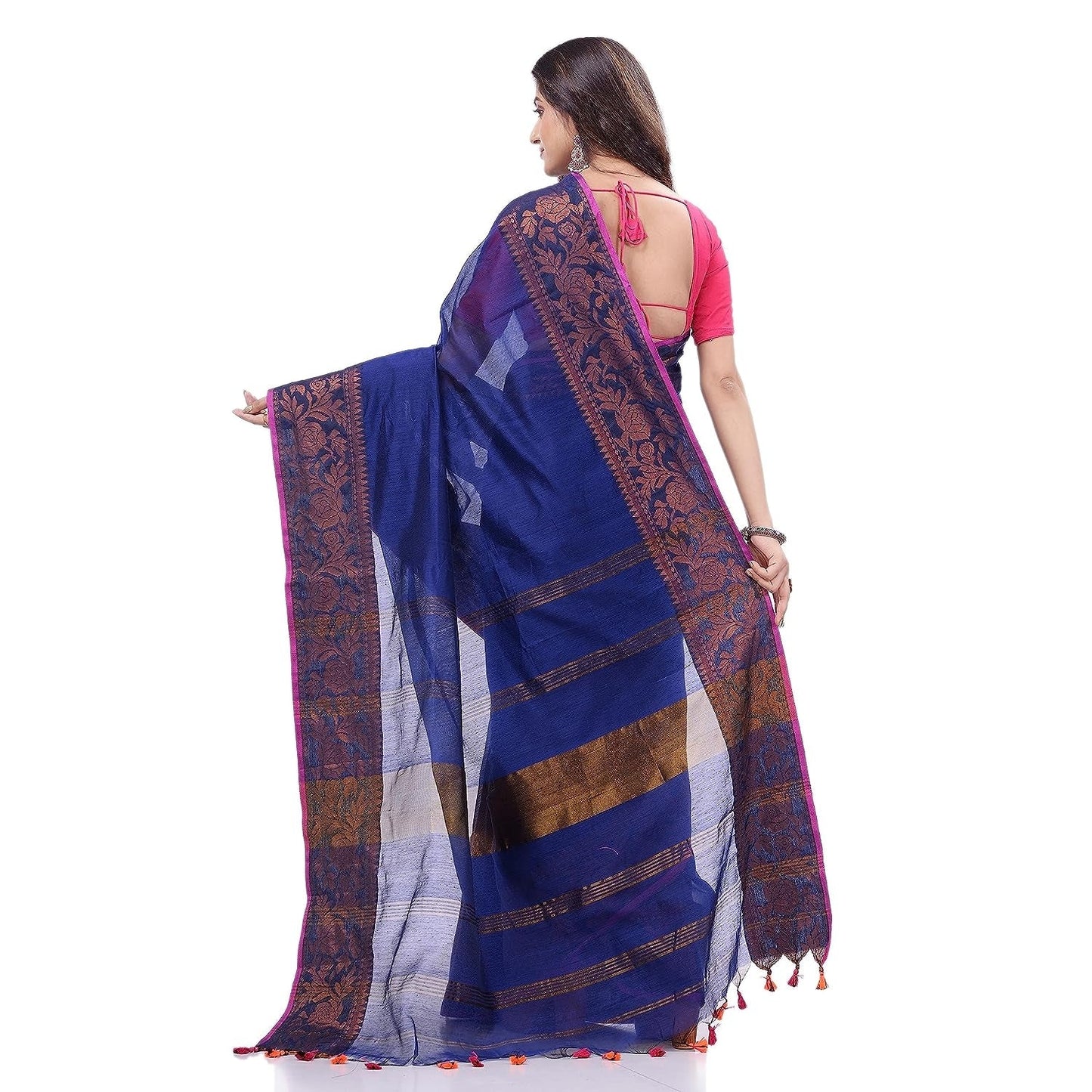 Women's Cotton Handloom Cotton Silk Saree Gulab Work With Blouse Piece