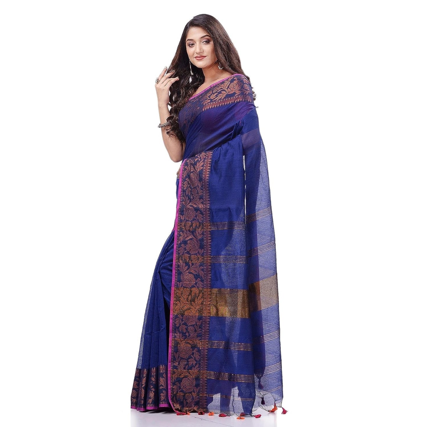 Women's Cotton Handloom Cotton Silk Saree Gulab Work With Blouse Piece