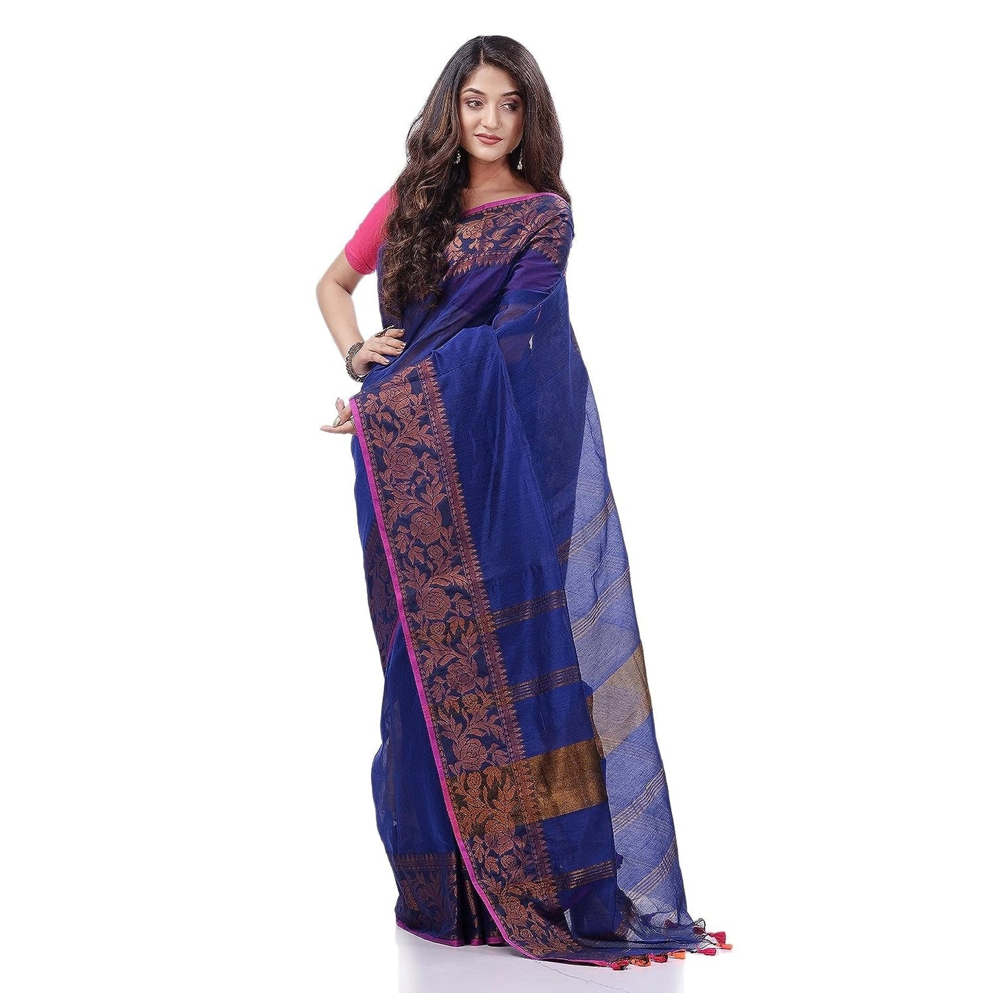 Women's Cotton Handloom Cotton Silk Saree Gulab Work With Blouse Piece