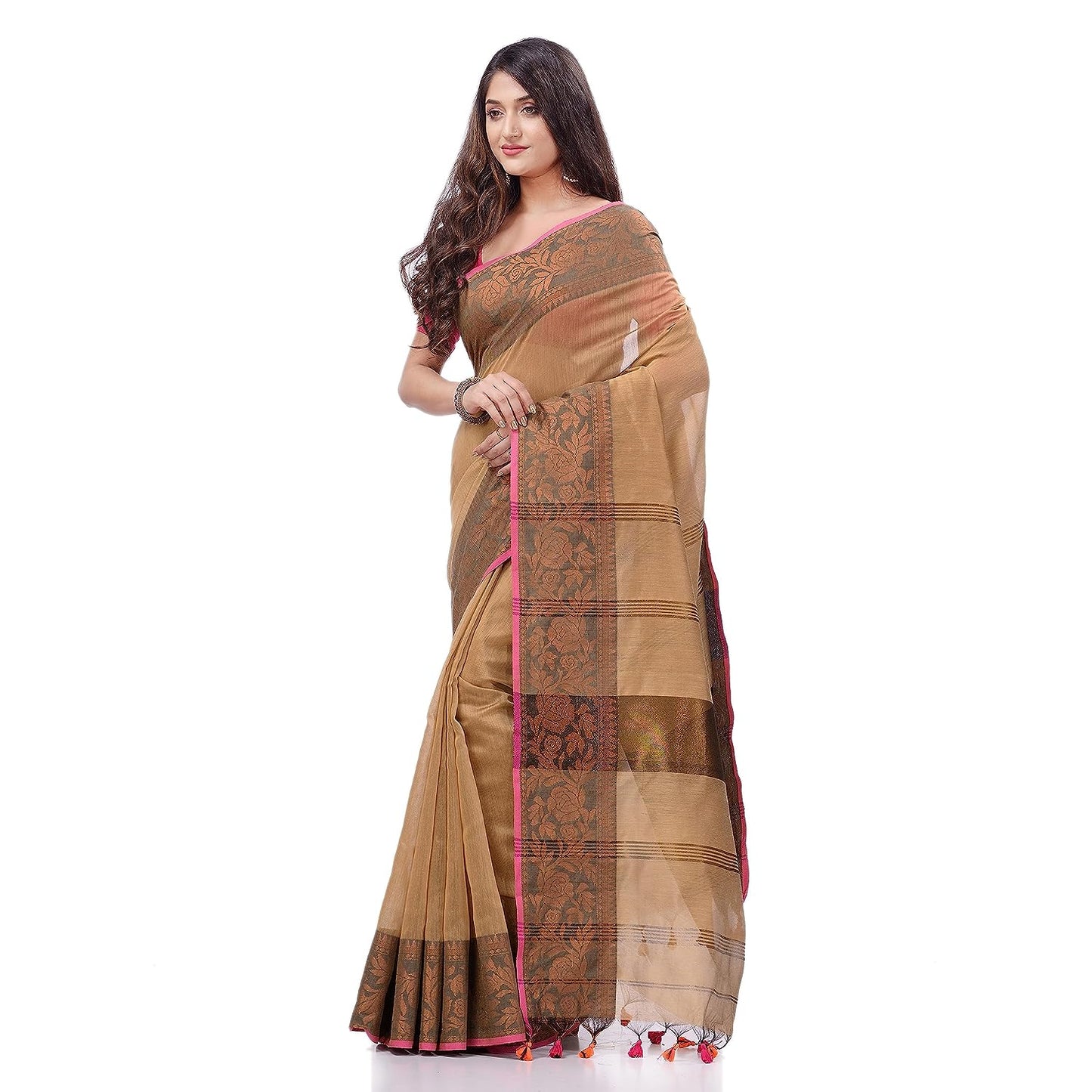 Women's Cotton Handloom Cotton Silk Saree Gulab Work With Blouse Piece