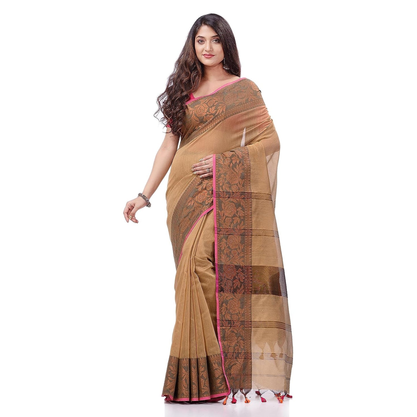 Women's Cotton Handloom Cotton Silk Saree Gulab Work With Blouse Piece