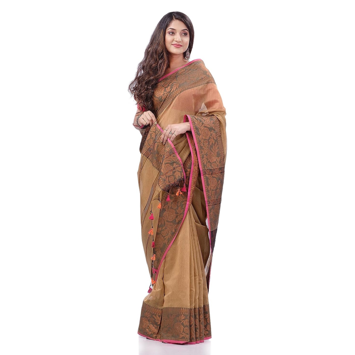 Women's Cotton Handloom Cotton Silk Saree Gulab Work With Blouse Piece