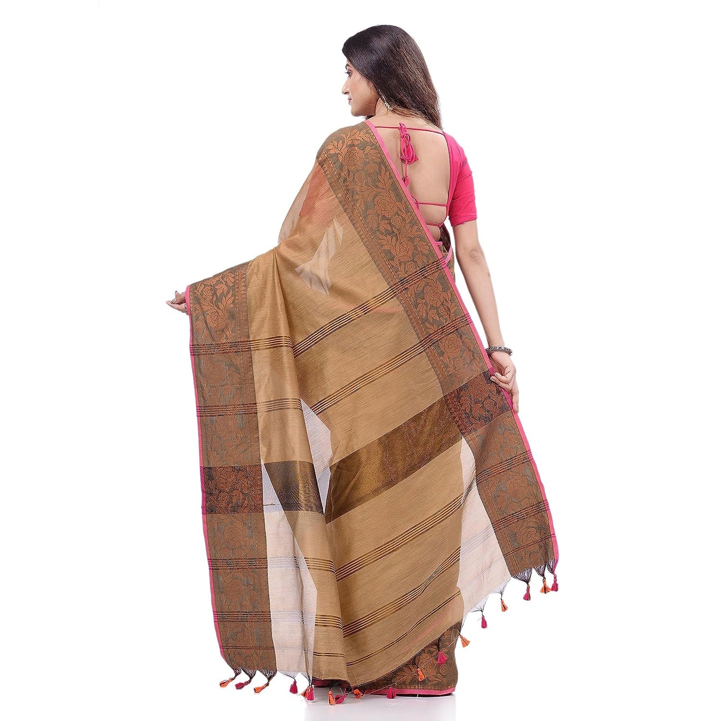 Women's Cotton Handloom Cotton Silk Saree Gulab Work With Blouse Piece