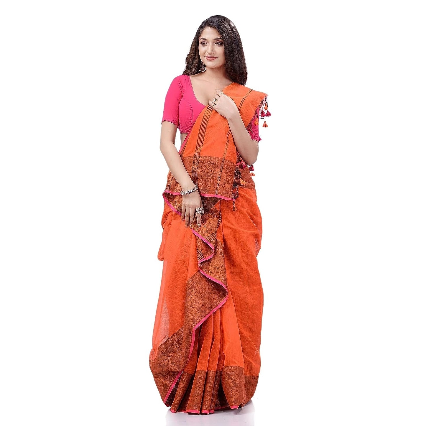 Women's Cotton Handloom Cotton Silk Saree Gulab Work With Blouse Piece