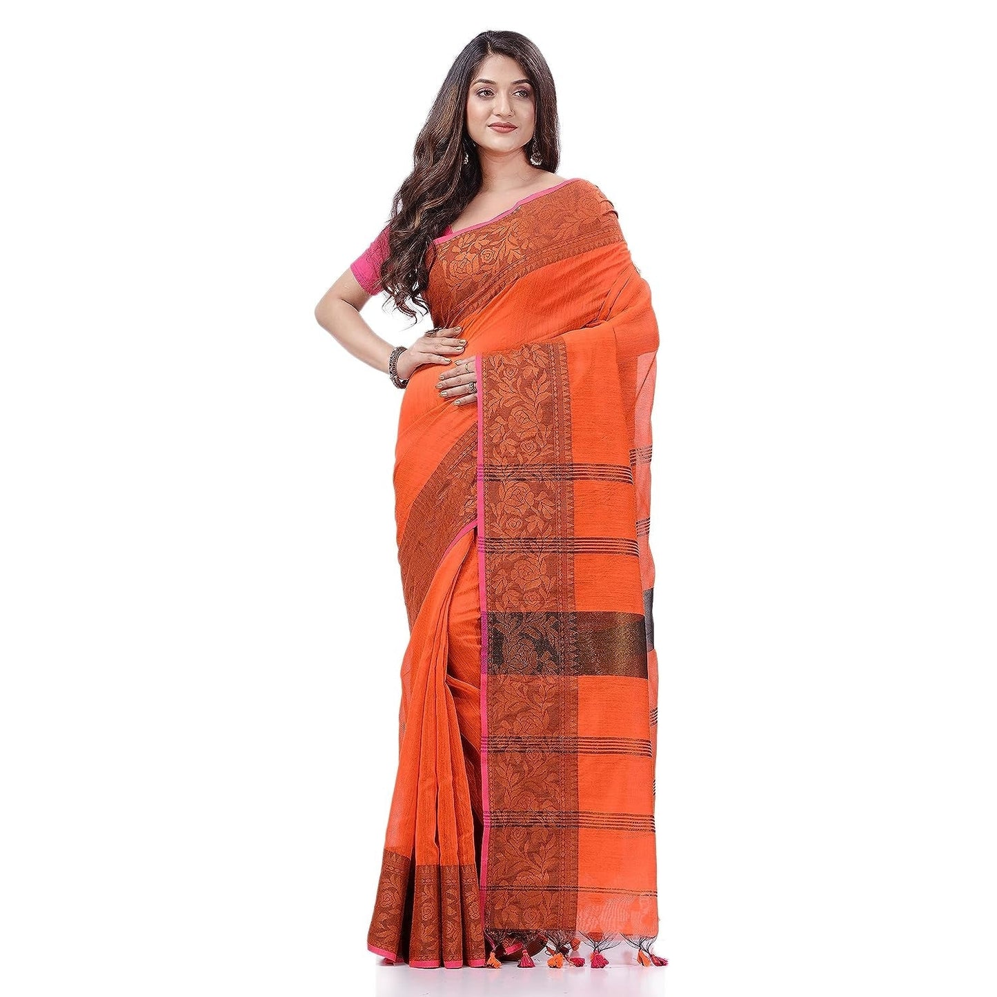 Women's Cotton Handloom Cotton Silk Saree Gulab Work With Blouse Piece