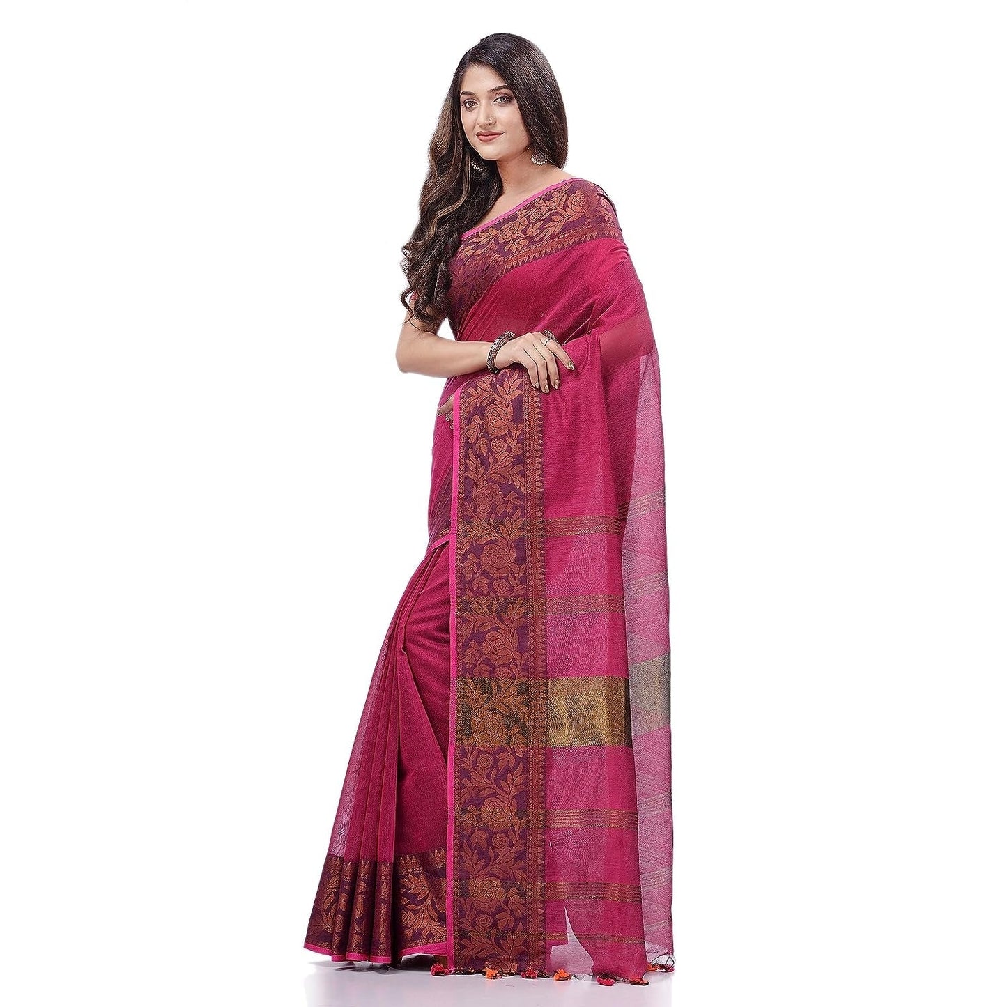 Women's Cotton Handloom Cotton Silk Saree Gulab Work With Blouse Piece