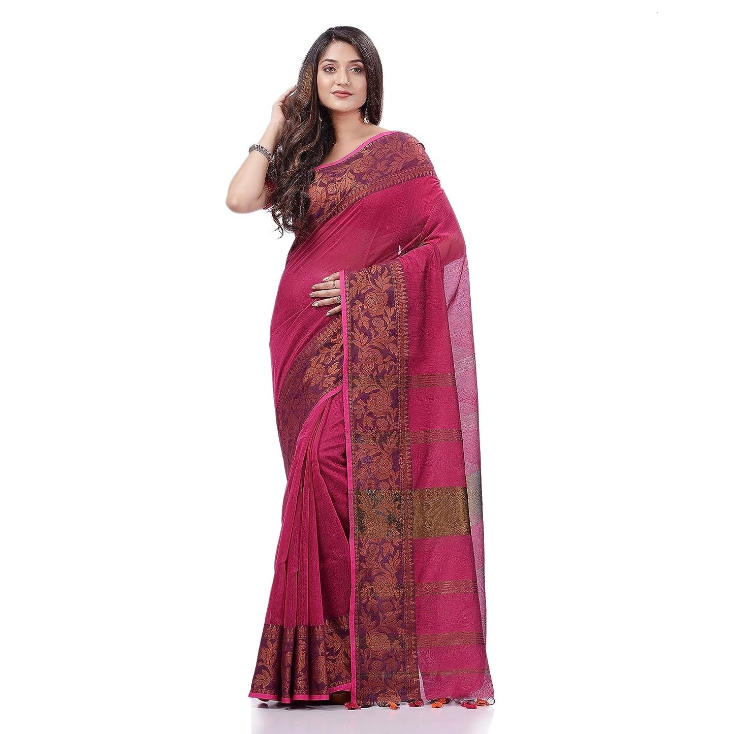Women's Cotton Handloom Cotton Silk Saree Gulab Work With Blouse Piece