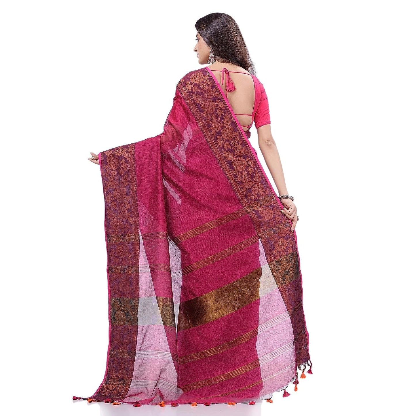 Women's Cotton Handloom Cotton Silk Saree Gulab Work With Blouse Piece