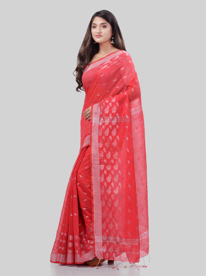 Women's Tant Cotton Silk Red Handloom Saree Flowting Leaves Work