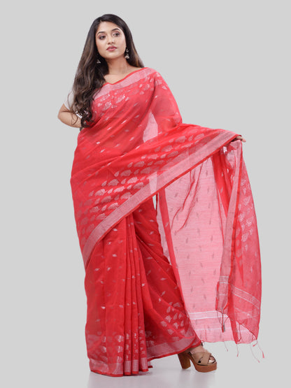Women's Tant Cotton Silk Red Handloom Saree Flowting Leaves Work
