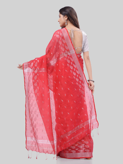 Women's Tant Cotton Silk Red Handloom Saree Flowting Leaves Work