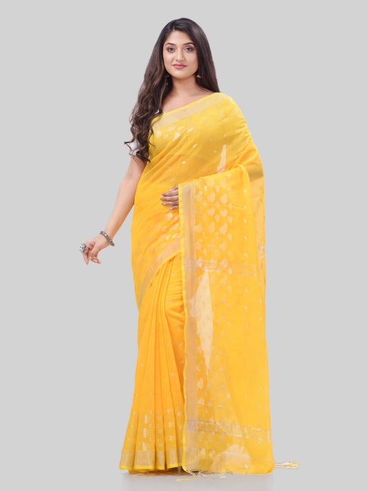 Women's Tant Cotton Silk Yellow Handloom Saree Flowting Leaves Work